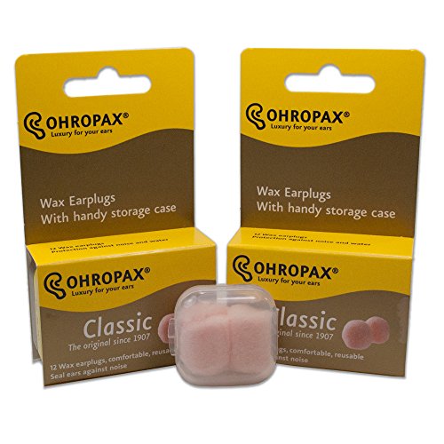 Ohropax - Juego de 2 tapones para los oídos reutilizables de cera/algodón (24 tapones en total) con funda de transporte transparente